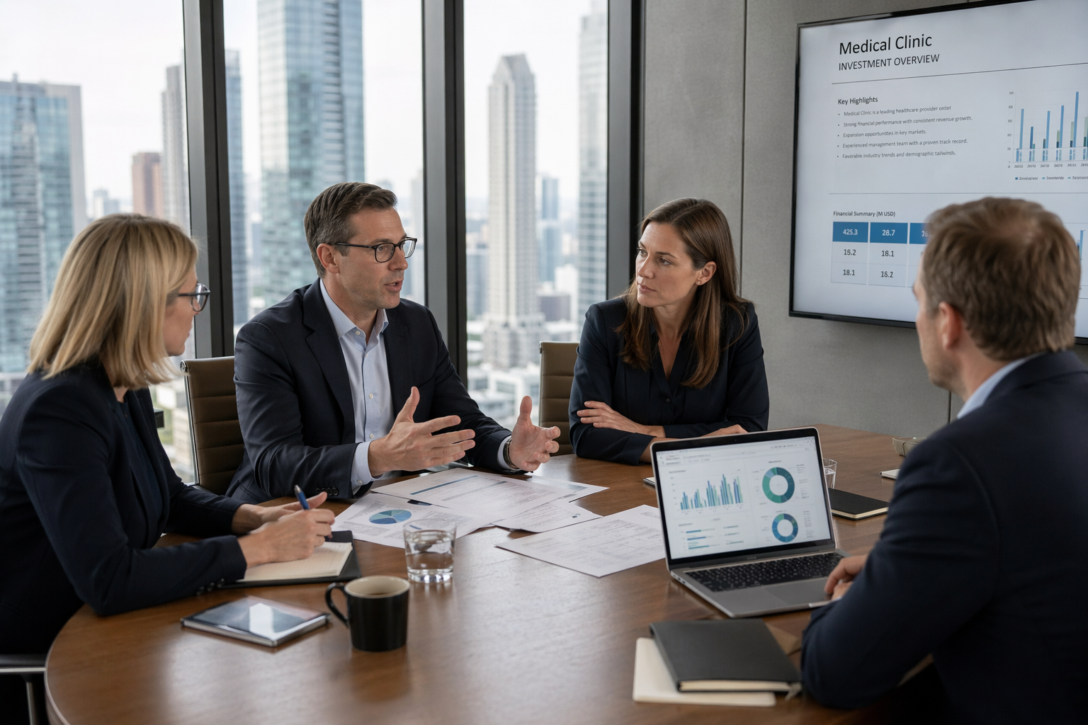 Investment professionals discussing medical clinic funding at a modern office desk.