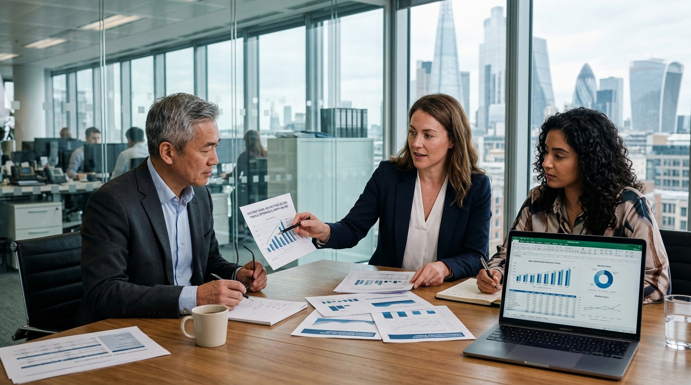 Senior strategist planning web studio investment exit strategy with return thresholds outlined on printed report.