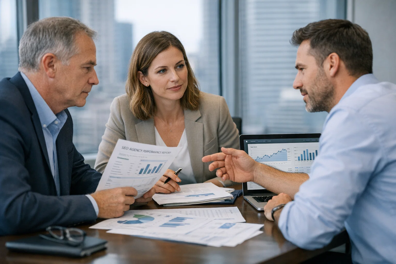 SEO consultation with performance dashboard and reports during a client strategy meeting.